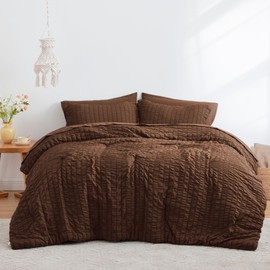 Love's cabin Seersucker Brown 7 Pieces Comforter Set Full, All Season Bedding Set, Full Bed in a Bag with Comforter, Flat Sheet, Fitted Sheet, Pillowcase and Pillow Sham