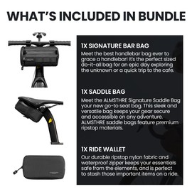 ALMSTHRE Signature Bar Bag Bundle - Black| Bike Handlebar Bag, Bike Saddle Bag & Ride Wallet Set | Hard Shell Bar Bag, Water-Resistant Ripstop | Internal Storage Pockets & Waterproof Zippers