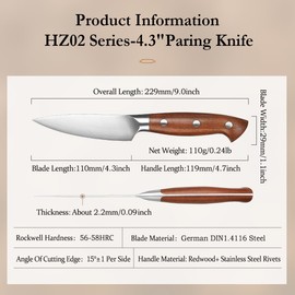 HEZHEN 4.3 inch Blade Paring Kitchen Knife,High-Carbon 1.4116 German Steel Cutlery, Ergonomic Red Wood Handle Petty Knives for Home Chefs, Ultimate Paring Knife for Utility Tasks