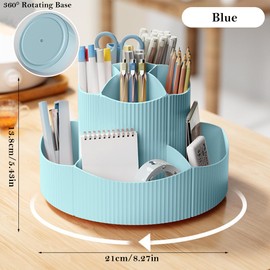 NUODWELL Pen Pencil Holder Desk Organiser, 360° Rotating Pencil Pots Makeup Brush Holder with 11 Compartments, Large Capacity Pencil Pots Desk Accessories for Office School Home Art Supply (Blue)