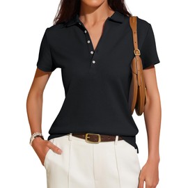 Meetrendi Women's Short Sleeve Polo Shirts Trendy Summer Business Casual V Neck Button Down Collared Blouse Tops Black L