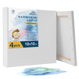 PHOENIX Professional Stretched Watercolor Canvas - 10x10 Inch/4 Pack, 100% Cotton Water Color Canvases for Painting, 8 Oz. / 260g White Blank Medium Texture Canvas for Water Based Paints