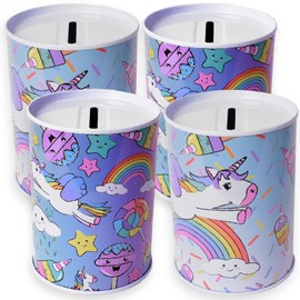 Set of 4 TE-Trend Money Boxes Unicorn Rainbow Piggy Bank Children's Birthday Party Bag Multicoloured Assorted