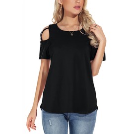NILOUFO Women's Short Sleeve Tops Loose Fit Basic Tshirts Summer Casual Tunics (02-Black, X-Large)