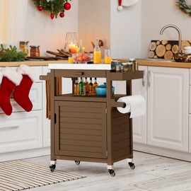 YITAHOME Solid Wood Kitchen Island Cart on Lockable Wheels with Stainless Tabletop, Rolling Portable Kitchen Serving Utility Carts Movable with Storage Cabinet and Drawer for Dining Room, Brown