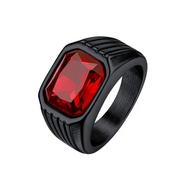 Bestyle Cool Black Rings for Men Boys - Classic Red Garnet Ring Square Signet Rings with Red Agate Gemstone Ring for Men, Retro Thumb Pinky Ring for Men, Size 8