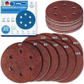 EffektWerk Sanding Discs (20 Pack, 6 Holes) 150mm Multi Grits Sandpaper (40, 60, 80, 120, 180, 240, 320, 400, 600, 800)