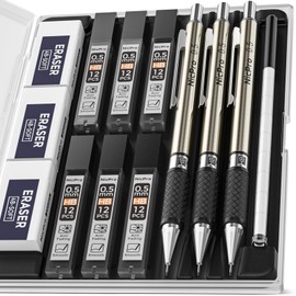 Nicpro 0.5 mm Art Mechanical Pencils Set in Storage Case, 3 PCS Metal Drafting Pencil Lead Pencil with 6 Tube HB Lead Refills, 3 Erasers, 9 PCS Eraser Refills for Artist Writing, Drawing, Sketching