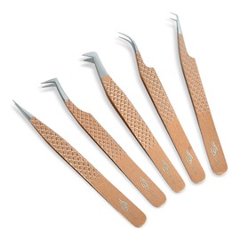 ZAMAHA UK Lash Eyelash Extension Tweezers Set of 5, Japanese Stainless Steel Tools Straight Curved 45 90 Degree Angled Tip, Volume Tweezers Precision (Rosegold)