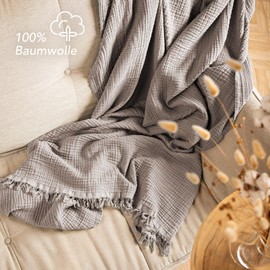 Pure Label Muslin Blanket, 130 x 170 cm, Oeko-Tex Certified Cuddly Blanket Made of 100% Cotton, Muslin Living & Cuddly Blanket for Couch and Sofa, 130 x 170 cm, Colour of Blanket Taupe