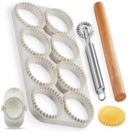 MUMSUNG Ravioli Maker Press, Ravioli Press Mold Set - Round Ravioli Stamp Maker Cutter with Wood Rolling Pin, 2.6" Empanada Maker Press Kit and Ravioli Wheel, Makes 8 Ravioli
