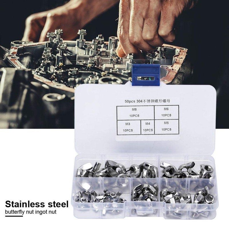 50pcs M3-M8 Stainless Steel Wing Nut Butterfly Nuts Kits for