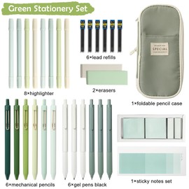 JarThenaAMCS Green Stationery Set with Pencil Bag 6pcs Gel Ink Pen 6pcs Retractable Pencil 6pcs Refill 8pcs Highlighter 2pcs Eraser 480 Sheets Sticky Note for Student Office Supplies