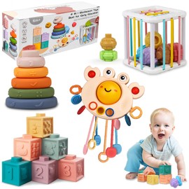 Richday Montessori Spielzeug für 3-6-12-18Monate Stapeln Baublöcke Sensorischer Korb Beißspielzeug Geschenke Baby Sensory Bin Shape Sorter Toys Bunter Würfel,Lernspielzeug für Kleinkinder.