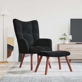 vidaXL Velvet Relaxing Chair with Stool- Black Soft Seating with Durable Steel Frame and Wooden Legs'