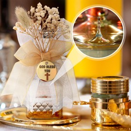 Reallnaive 12 Set Holy Clear Water Bottle with Fake Floral Acrylic Sheet and Bow 50ml Glass Water Bottle for Holy Communion Favor Empty Holy Container for Church Party Favors Gift