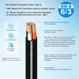 6/3 NM-B Wire with Ground,15FT,Non-Metallic Sheathed Cable, 6/3+10/1 AWG,Electrical Wire for Residential Building, Indoor and Outdoor Wiring Projects, Lighting