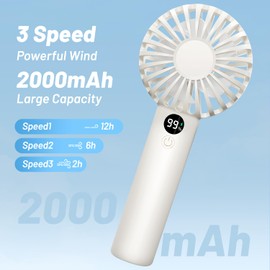 AJIJING Mini Portable Fan, 3 Speeds, Digital Display, USB Rechargeable Handheld Fan [2-12 Working Hours], Pocket Design for Travel/Summer/Concerts/Lash (White)