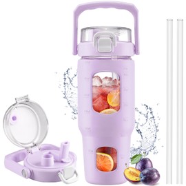 BLUEGO 32oz Glass Tumbler with Lid and Handle, Iced Coffee Cup with Straws, Glass Water Bottle with Silicone Sleeve and Volume, Marker Glass Cup with Time Marking, BPA Free, Purple