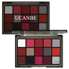 UCANBE- Paleta de maquillaje de sombras de ojos rojas, 15 colores burdeos, gris plateado, brillo mate, sombras de ojos metálicas                      