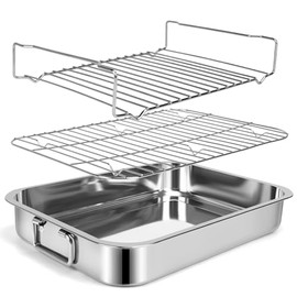 15" Stainless Steel Roasting Pans with Handles, Baking Pan for Oven with 2 Racks, Heavy Duty, Dishwasher Safe Rectangular Lasagna Pan with Handles for Turkey Chicken, Silver