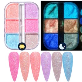 Fluorescent Nail Pigment Powder, Luminous Nail Glitter Flakes Holographic Glow Liquid Nail Art Dust Design Decoration 3D Nails Supplies for Nail Art Gel Polish DIY Nail Sequins Accessories (6 Colors)