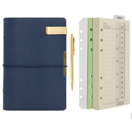 Wonderpool Leather Journal Lined Paper Notebook & Pen - Refillable 6 Ring Binder Writing Spiral Diary with Ruled Notepads Vintage Cover for Office Travel Work and Plan Agenda (b-Blue, A6)