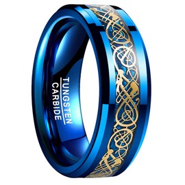 VAKKI Blue Carbon Fiber Tungsten Rings for Men Gold Plated Celtic Dragon Rings High Polished Comfort Fit Size W 1/2
