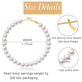 Pearl Hoop Earrings for Women Small Pearl Hoop Hypoallergenic Drop Dangle Earrings,14K Gold Plated Lightweight Open Large Circle Round Beaded Earrings Jewelry Birthday Gift for Women