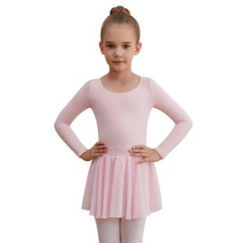 WEGETIT Long Sleeve Girls Leotard Gymnastics Leotards for Girls Ballet Dance Dresses with Skirt, Pink, 6-8 Years