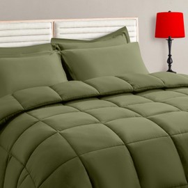 TAIMIT Olive Green King Comforter Set - 7 Pieces, Bed in a Bag Bedding Sets with All Season Soft Quilted Warm Fluffy Comforter,Flat Sheet,Fitted Sheet,2 Pillow Shams,2 Pillowcases