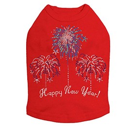 Happy New Year Fireworks - Bling Rhinestone New Year Dog Shirt, 3XL Red
