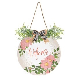 Welcome Sign Wreath Wall Hanging Plaque Decor Front Door Sign Farmhouse Porch Decorations 12 in for Home Window Porch Outdoor Yard Holiday (Welcome Hello Pink Floral)…