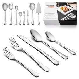 LIANYU 48-Piece Silverware Set with Serving Utensils, Flatware Set for 8, Includes Knives, Spoons and Forks, Stainless Steel Cutlery Eating Utensils, Mirror Finish, Dishwasher Safe
