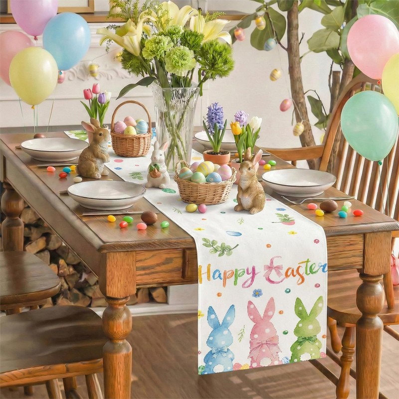 Rabbit Bunny Happy Easter Table Runner, Seasonal Spring Kitchen Dining