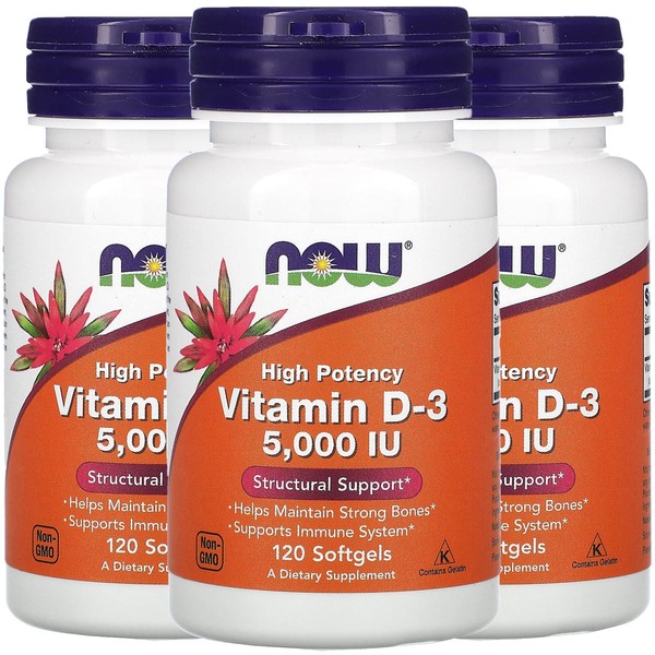Now Foods Now Supplements, Vitamin D-3 5,000 IU, High Potency, Structural Support*, 120 Softgels (3 Pack)