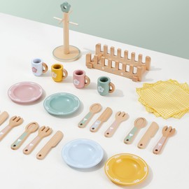 Atoylink Children's Kitchen Accessories Wooden Tableware Tea Service Children Tableware Set with Cups Plates Play Kitchen Accessories Wooden Kitchen Accessories Toy Role Play Gift for Girls Boys 3 4 5