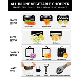 Vegetable Chopper Slicer Food Chopper with Container Veggie Dicer Cutter Salad Chopper Mandoline Slicer Cheese Grater Includes Hand Guards and Gloves & Kitchen Gadgets