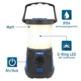 ANSMANN Campinglampe LED Campingleuchte Camping Laterne Licht 600 Lumen, 360°-Strahlwinkel, stufenlos dimmbar, IPX4-wasserfest, 3 Leuchtmodi (Weiß, Rot, Rot blinken), batteriebetrieben CL600B