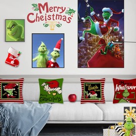 Christmas Pillow Covers 4 Pcs, Christmas Decorations Throw Pillow Cover, 18x18 Inches The Grinch Stripe Pillow Case, 45x45 cm Winter Christmas Throw Cushion Case for Home Couch, Farmhouse Decor