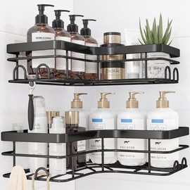 Sakugi Corner Shower Caddy - 2 Pack, Adhesive Shower Organizers, Rustproof Stainless Steel Shower Shelves with 8 Hooks, No Drilling Bathroom Organizers and Storage Racks, Space-Saving, Black, Large
