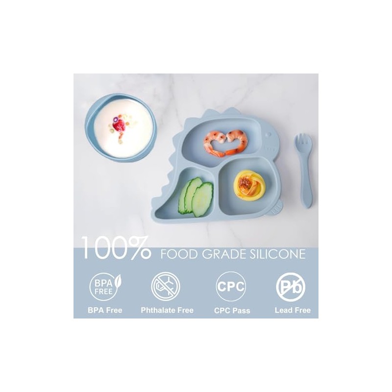 10PCS Silicona Bebé Alimentación Set, Plato De Dinosaurios Para Bebés