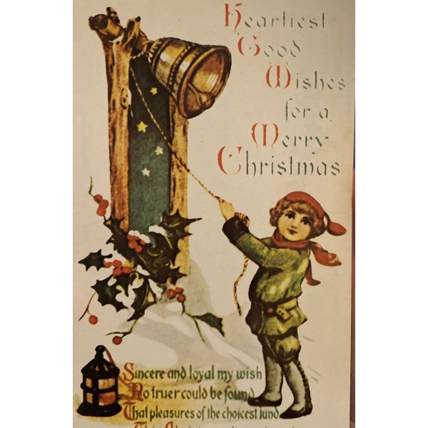 Vintage Christmas Postcard Reproduction Image Boy Ringing Bell Holly Lantern