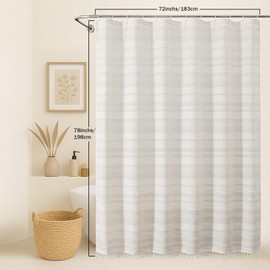 OVZME Linen Shower Curtain 78 Inch Long, Boho Farmhouse Thick Striped Fabric Hotel Shower Curtain with Tassel, Minimalist Textured Weighted Machine Washable Bathroom Decor, 72Wx78L Inches