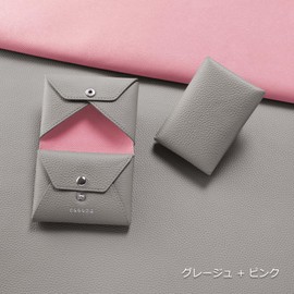 COGURE COPEC3 Card Case, Business Card Holder, Coin Purse, Genuine Leather, Shrink Calf Leather, Bifold, grege + pink