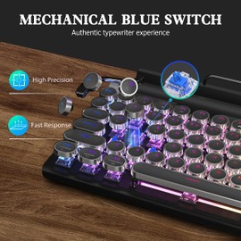 Retro Typewriter Keyboard Wireless Mechanical Keyboard, 83-Key Blue Switches Bluetooth 5.0 Vintage Punk Round Keycap, 14 Modes LED Backlight, Type-C, Compatible with PC/Laptop/Mac/Pad/Phone, Black