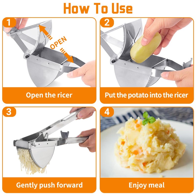 Stainless Steel Potato Press with Comfort Handle, Large Hole Potato