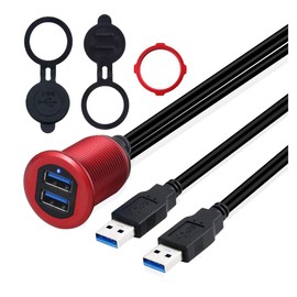 Kework Metal Dual USB 3.0 Ports Mount with Light, 3.3ft 2 Ports USB Male to 2 Ports Female Flush Mount Panel Mount Extension AUX Cable for Car Truck Boat Motorcycle Dashboard (Red & 3.3ft)