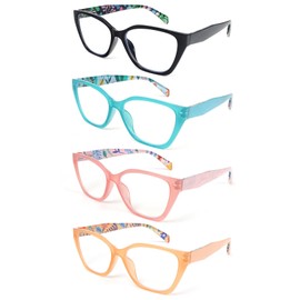 DXYXYO 4 Pack Cat Eye Reading Glasses for Women Floral, Blue Light Blocking Computer Readers with Spring Hinge, 1.5 Black+pink+brown+blue
