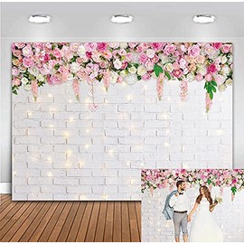 Flower Wall Backdrop Glitter White Brick Wall Mothers Day Flowers Photography Background Mother's Day Wedding Bridal Baby Shower Birthday Party Spring Theme Decor Photo Booth Prop 7x5FT